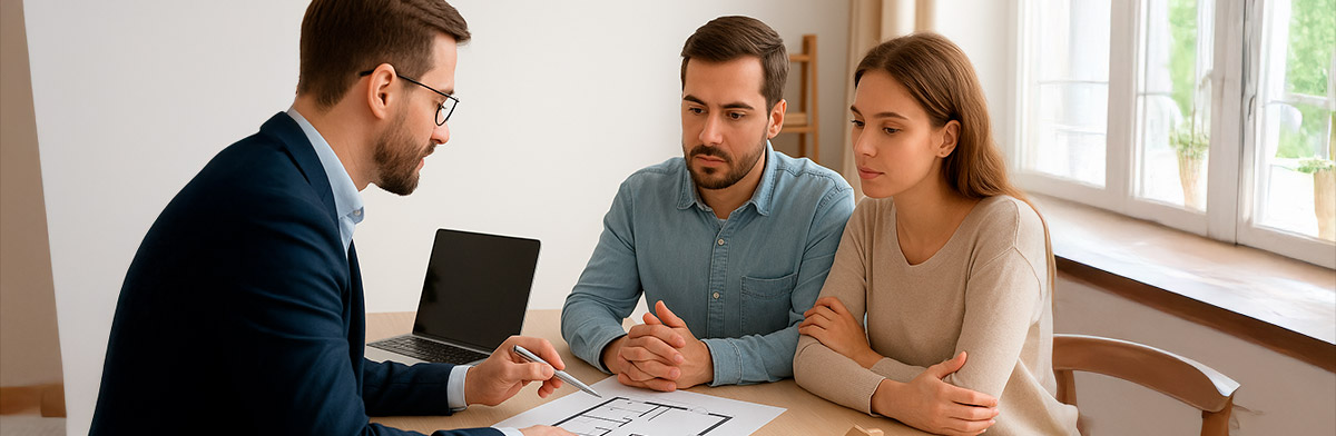 Asesor inmobiliario mostrando planos a una pareja